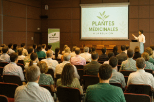 Salle de conférence remplie lors du colloque APLAMEDOM à La Réunion, avec un intervenant présentant un diaporama sur les plantes médicinales réunionnaises devant un public attentif.