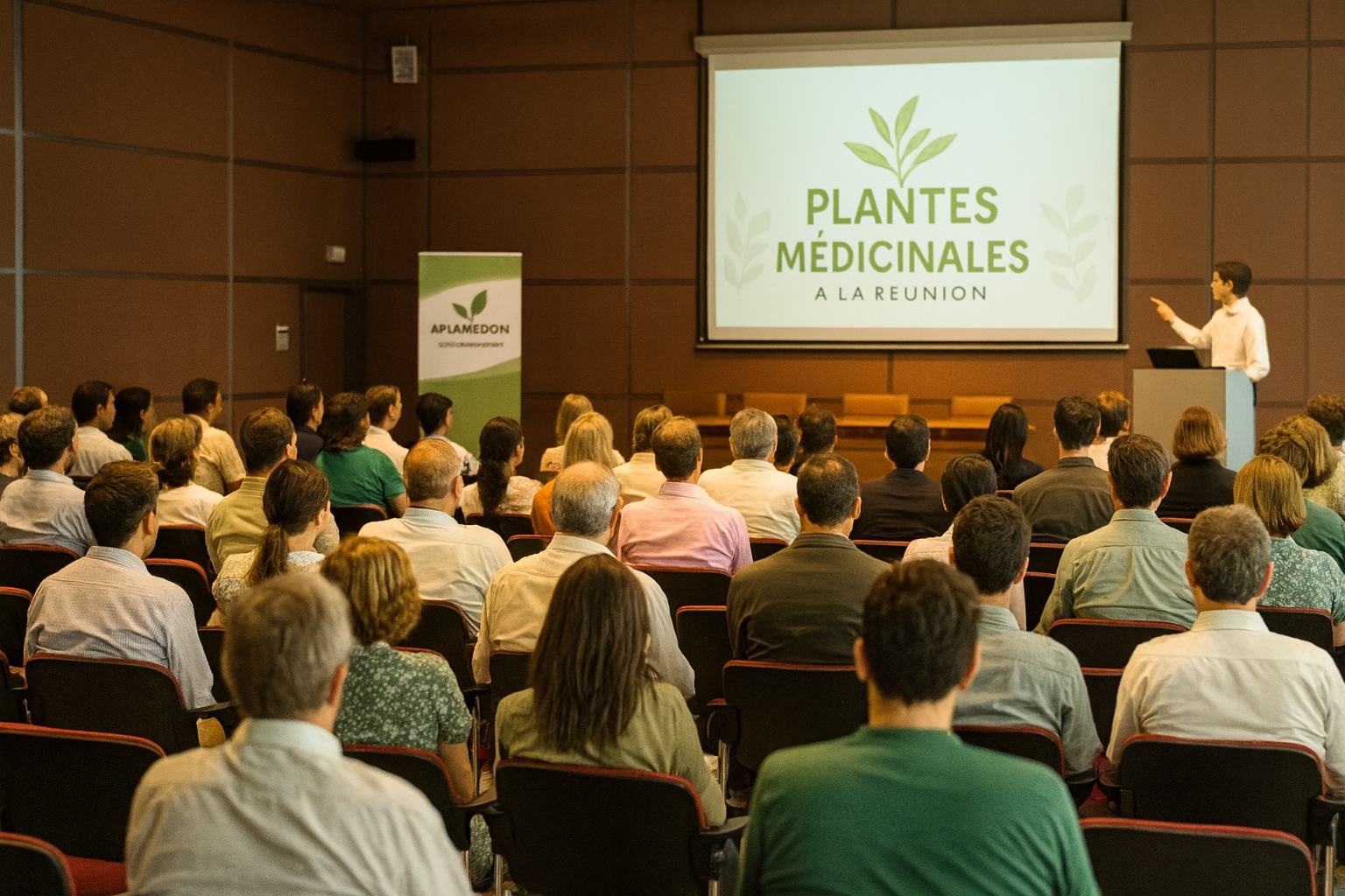 Salle de conférence remplie lors du colloque APLAMEDOM à La Réunion, avec un intervenant présentant un diaporama sur les plantes médicinales réunionnaises devant un public attentif.
