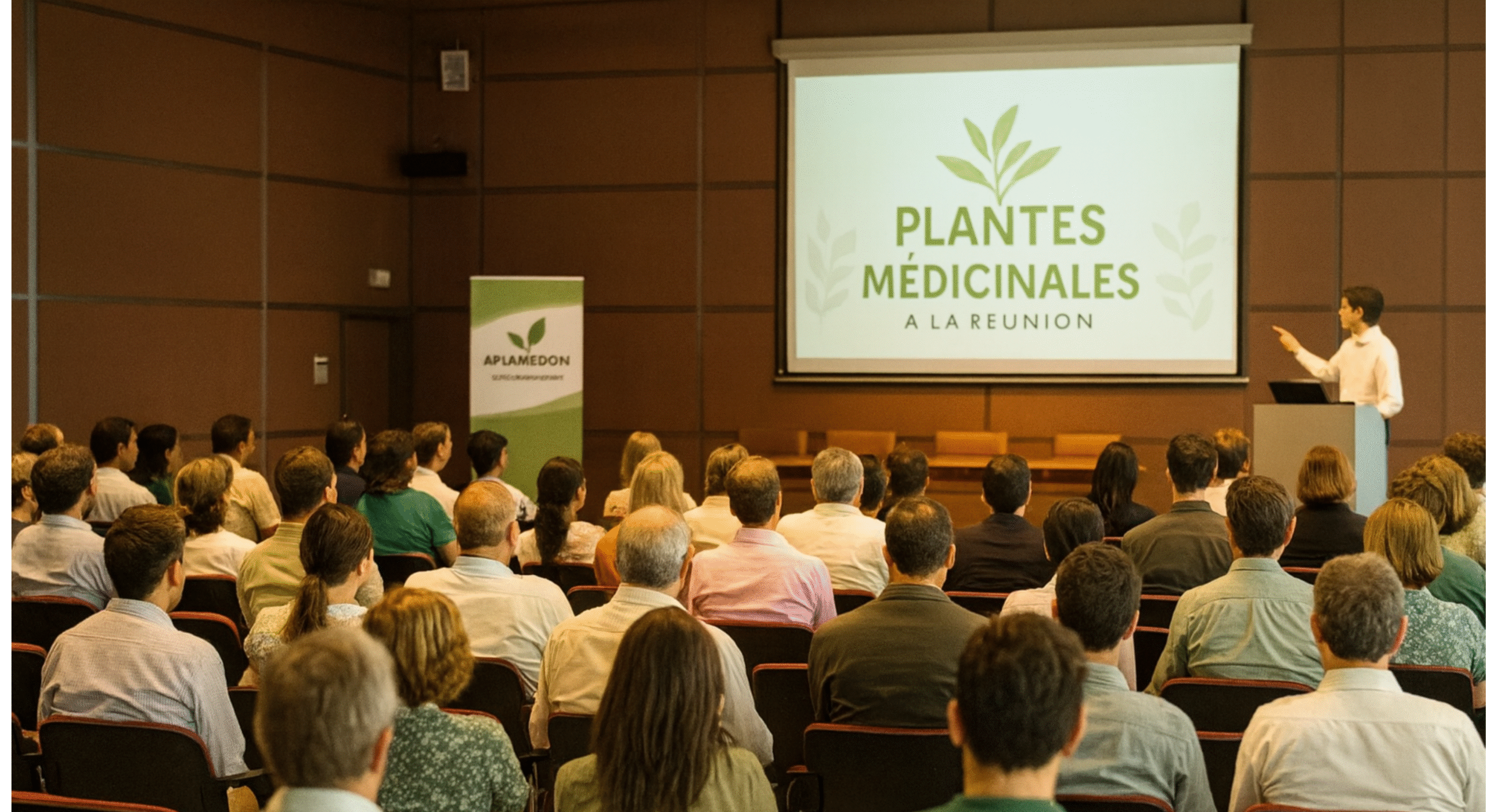 Salle de conférence remplie lors du colloque APLAMEDOM à La Réunion, avec un intervenant présentant un diaporama sur les plantes médicinales réunionnaises devant un public attentif.